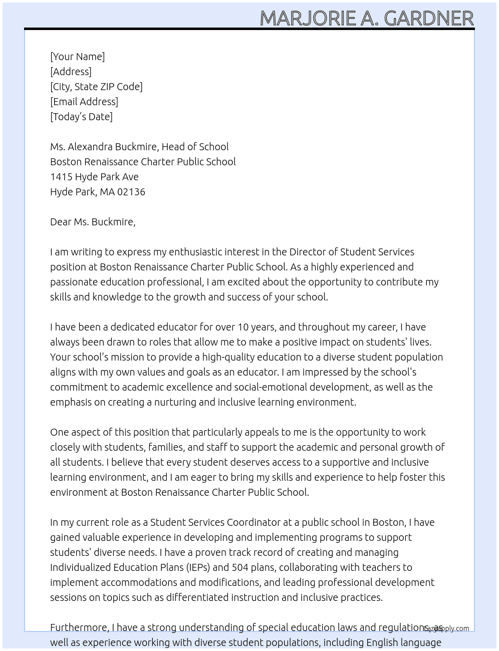 Director of Student Services At Boston Renaissance Charter Public School Cover Letter