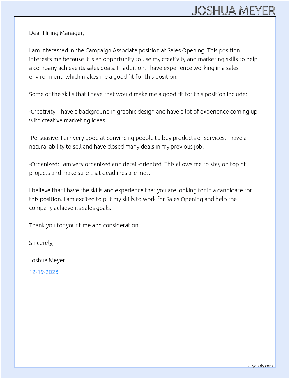 Campaign Associate At Sales Opening Cover Letter