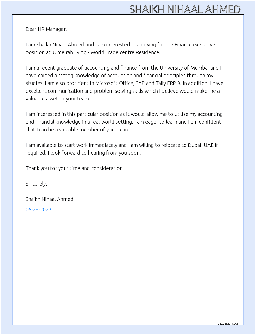 Finance executive  At Jumeirah living -World Trade centre Residence  Cover Letter