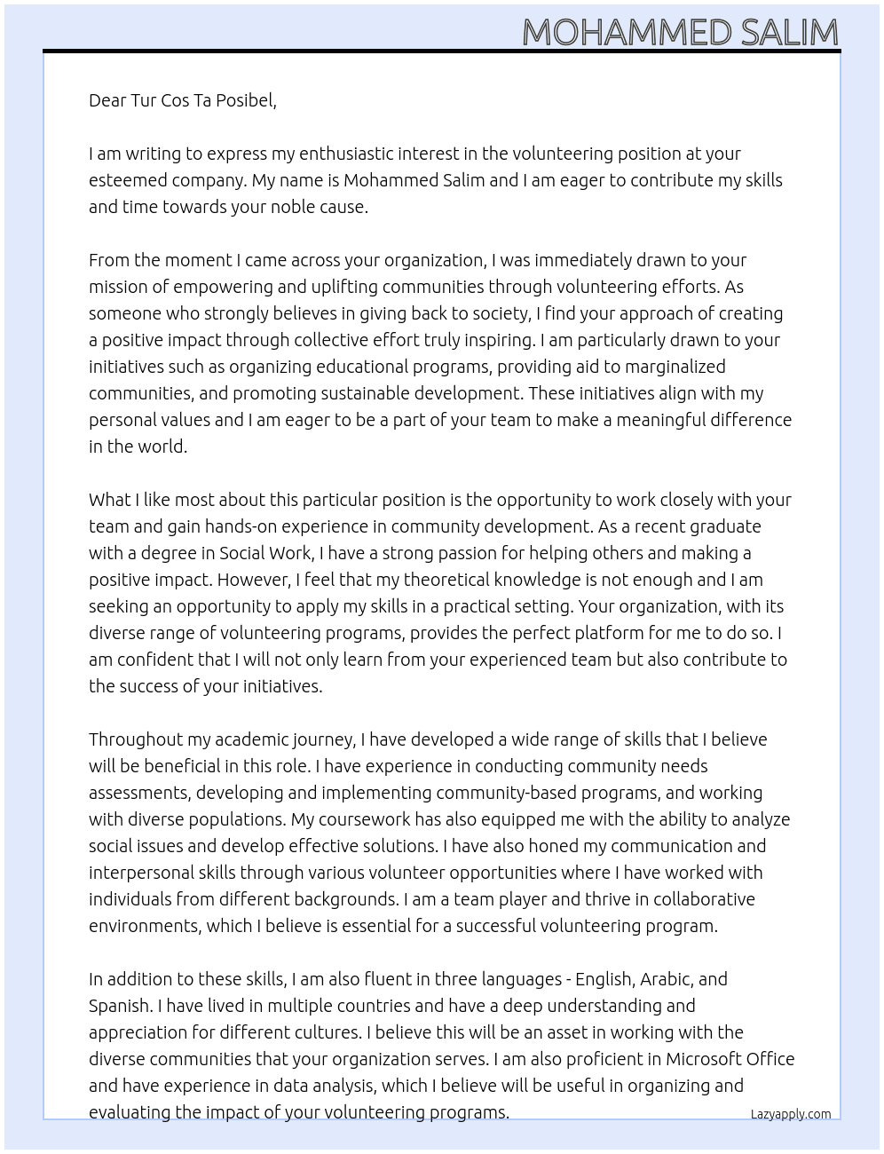 Volunteering At Tur Cos Ta Posibel Cover Letter