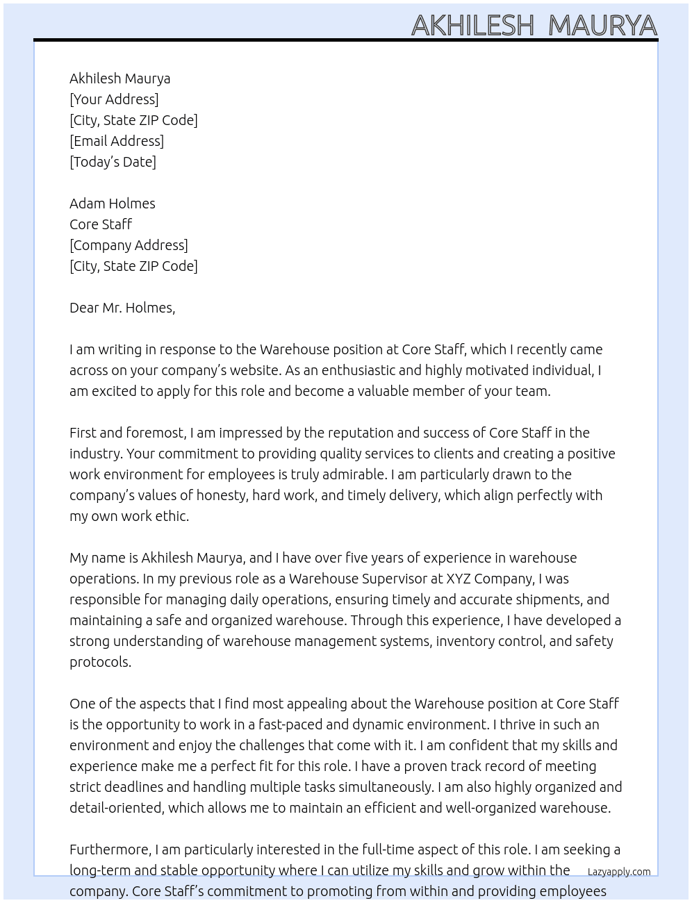 Warehouse At Core staff  Cover Letter