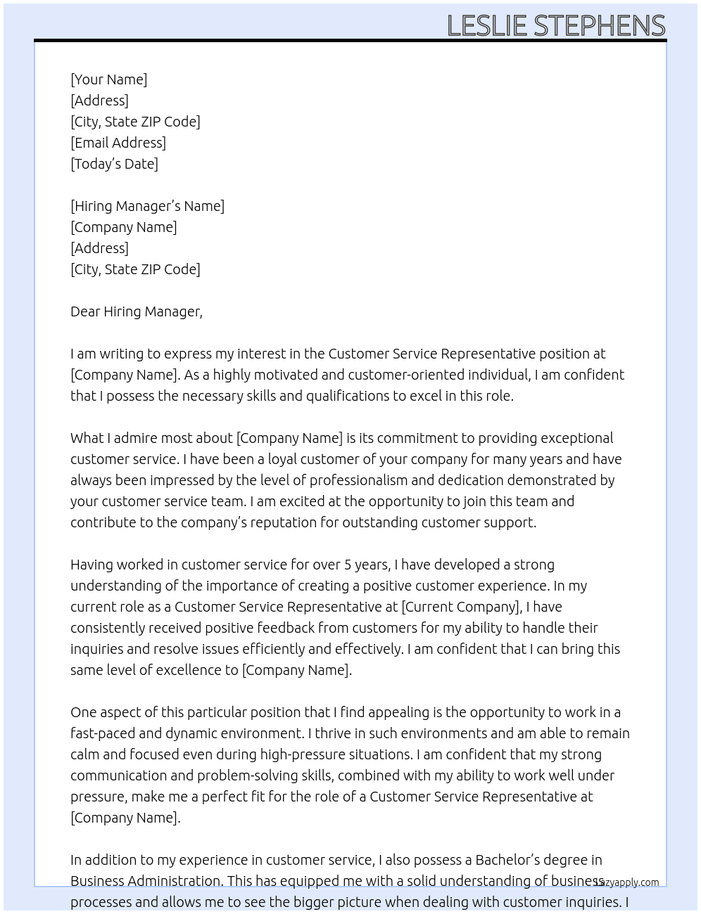 Customer Service At Customer Service Representative  Cover Letter