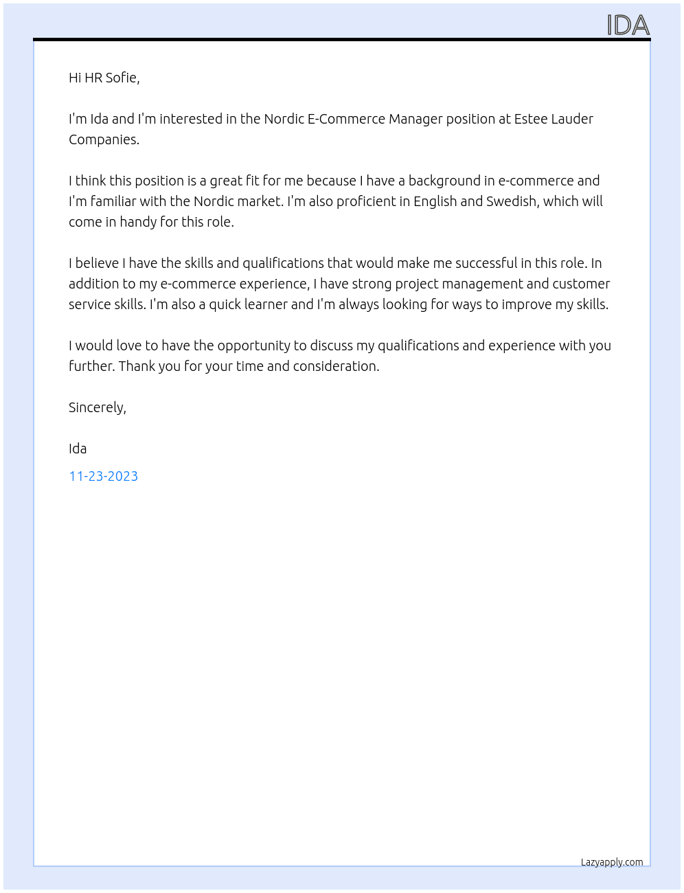 Nordic E-Commerce Manager At Estee Lauder Companies Cover Letter