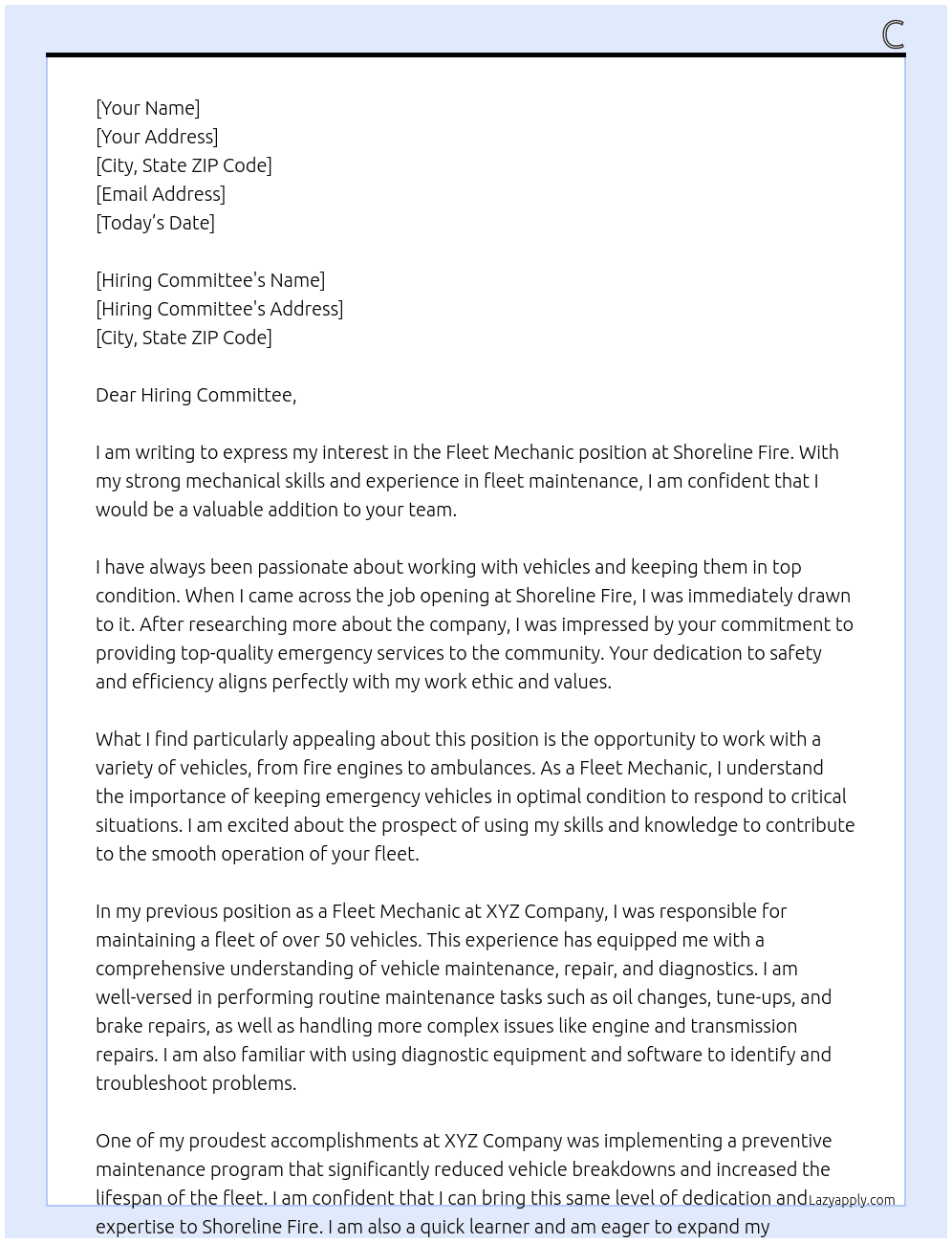 Fleet mechnaic  At Shoreline Fire Cover Letter
