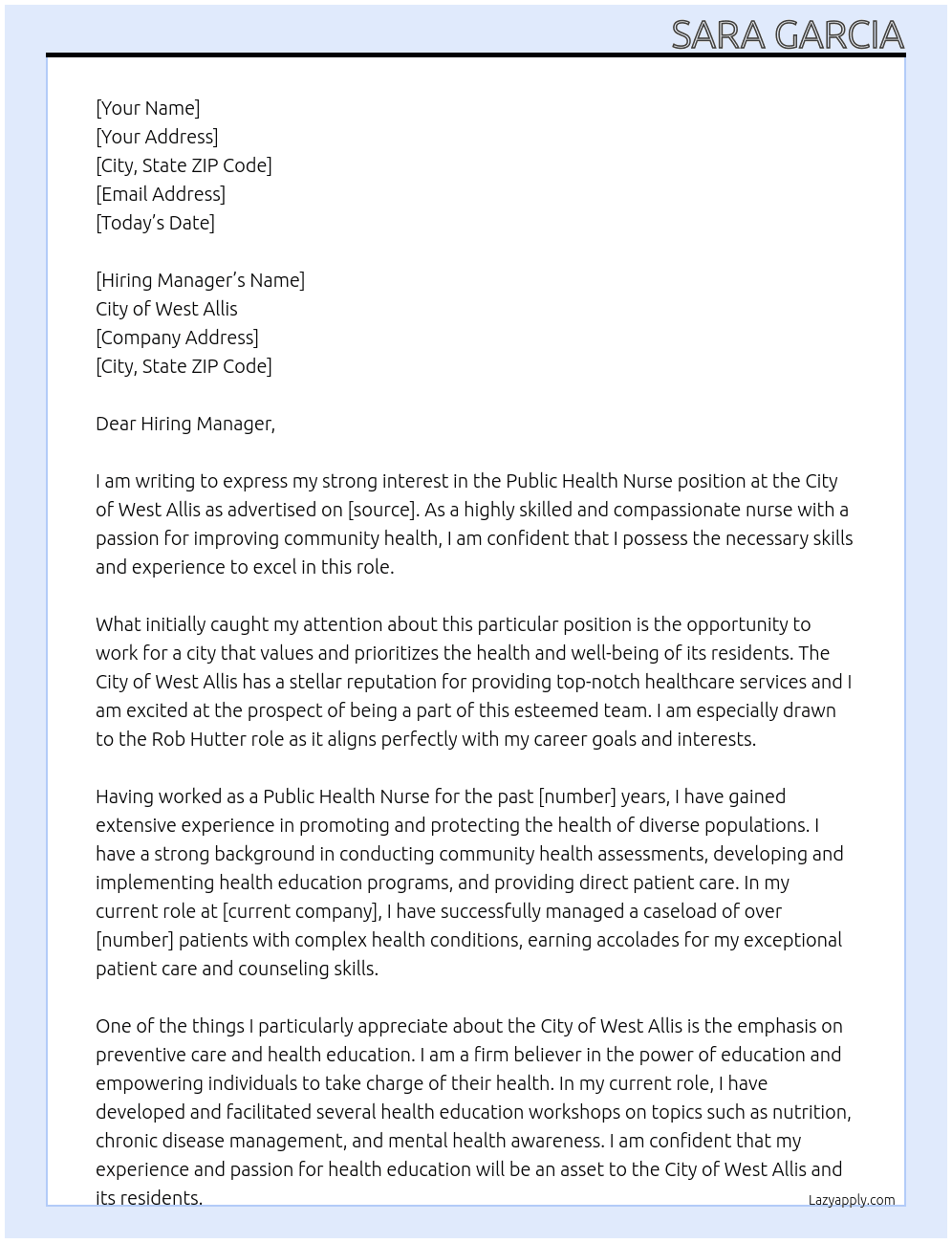 Public Health Nurse At City of West Allis Cover Letter