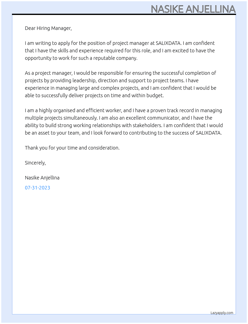 project manager  At SALIXDATA Cover Letter