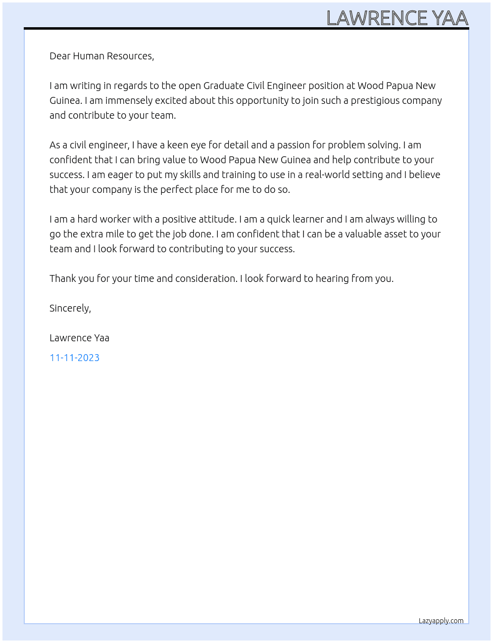 Graduate Civil Engineer At Wood Papua New Guinea Cover Letter