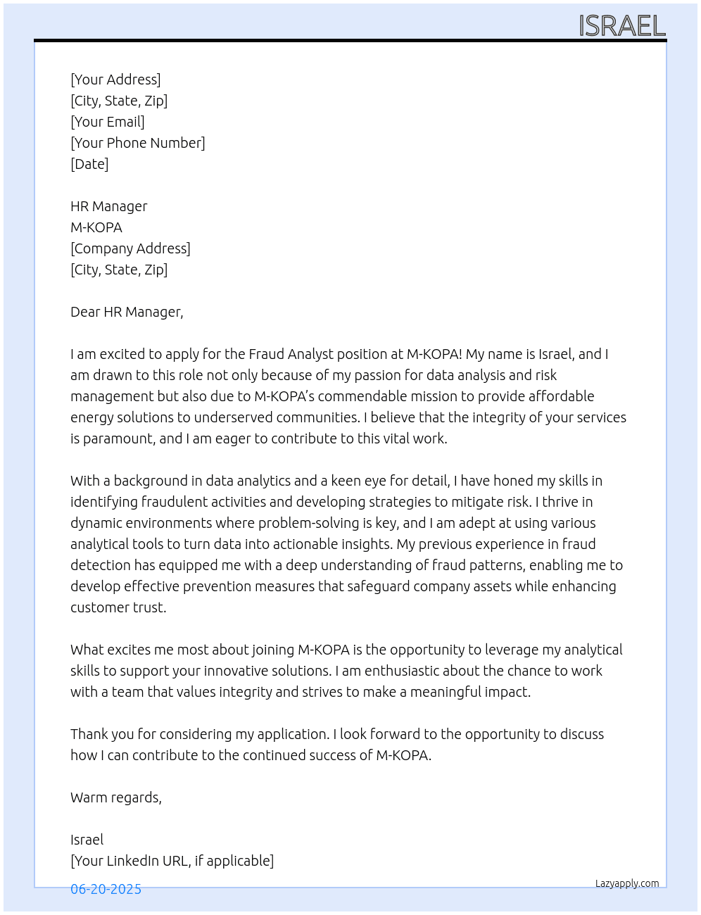 Fraud Analyst  At M-KOPA Cover Letter