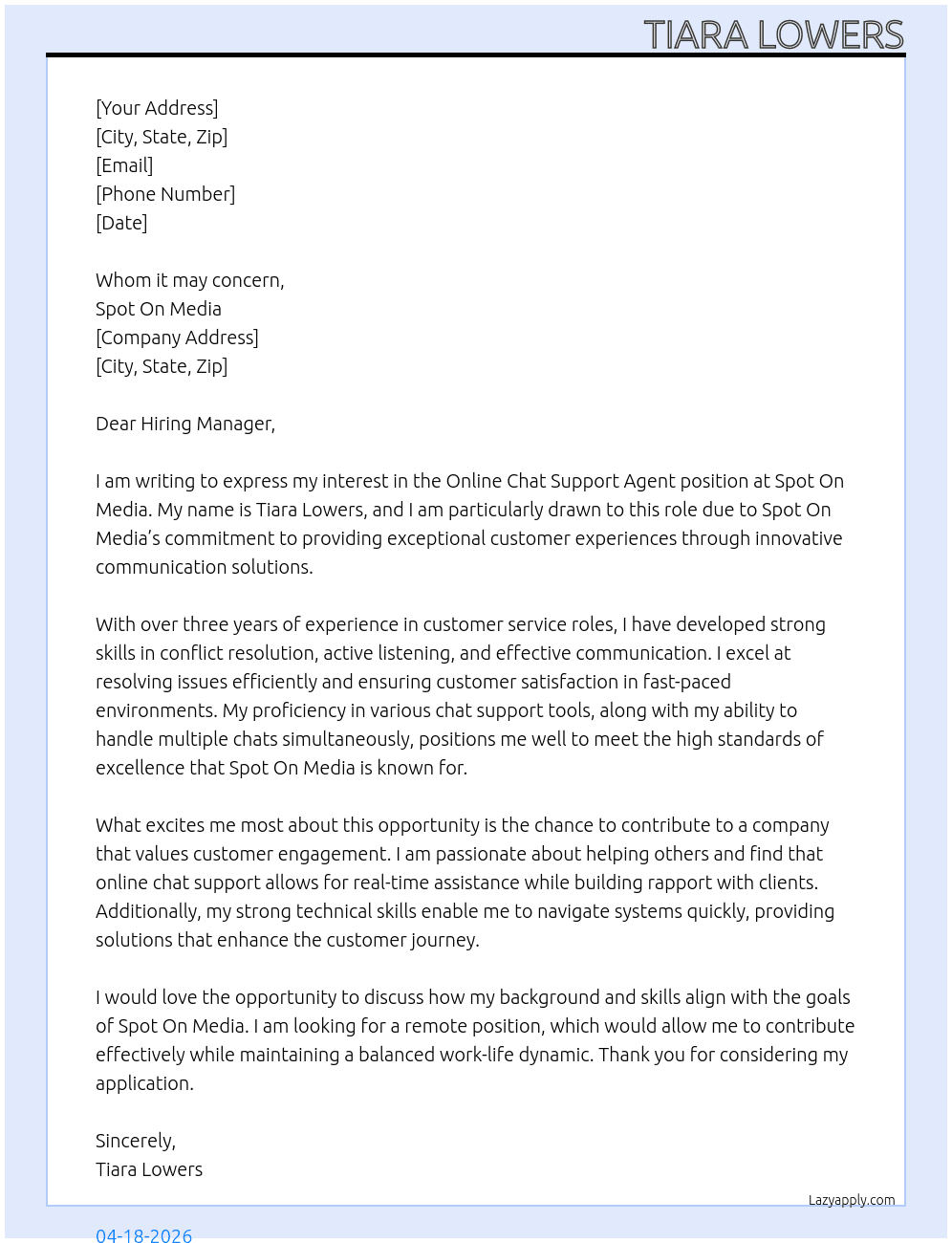 Online chat support agent At Spot on media  Cover Letter