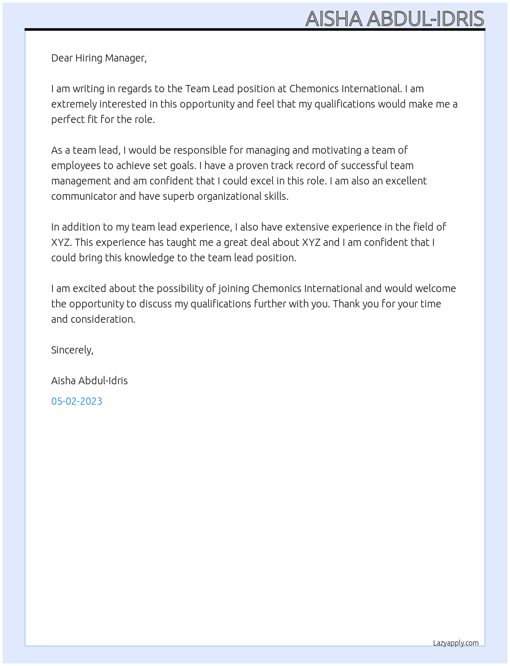 Team Lead At Chemonics International Cover Letter