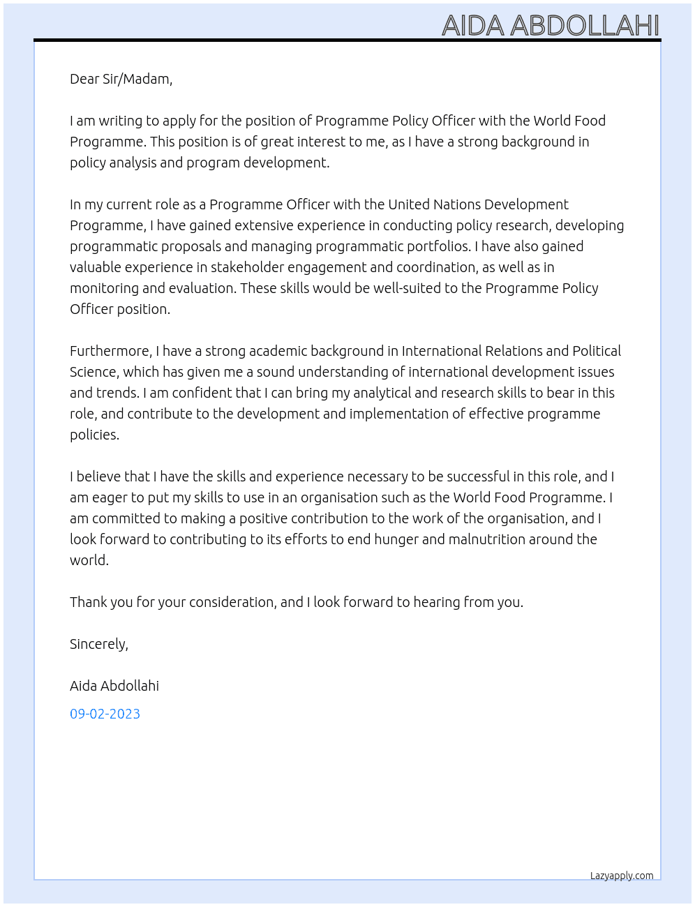 Programme Policy Officer At World Food Programme Cover Letter