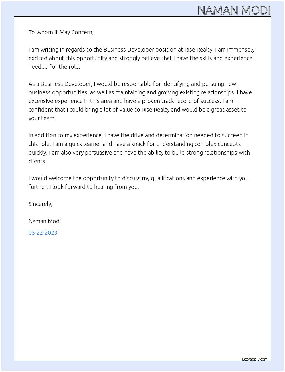 Business Developer At Rise Realty Cover Letter