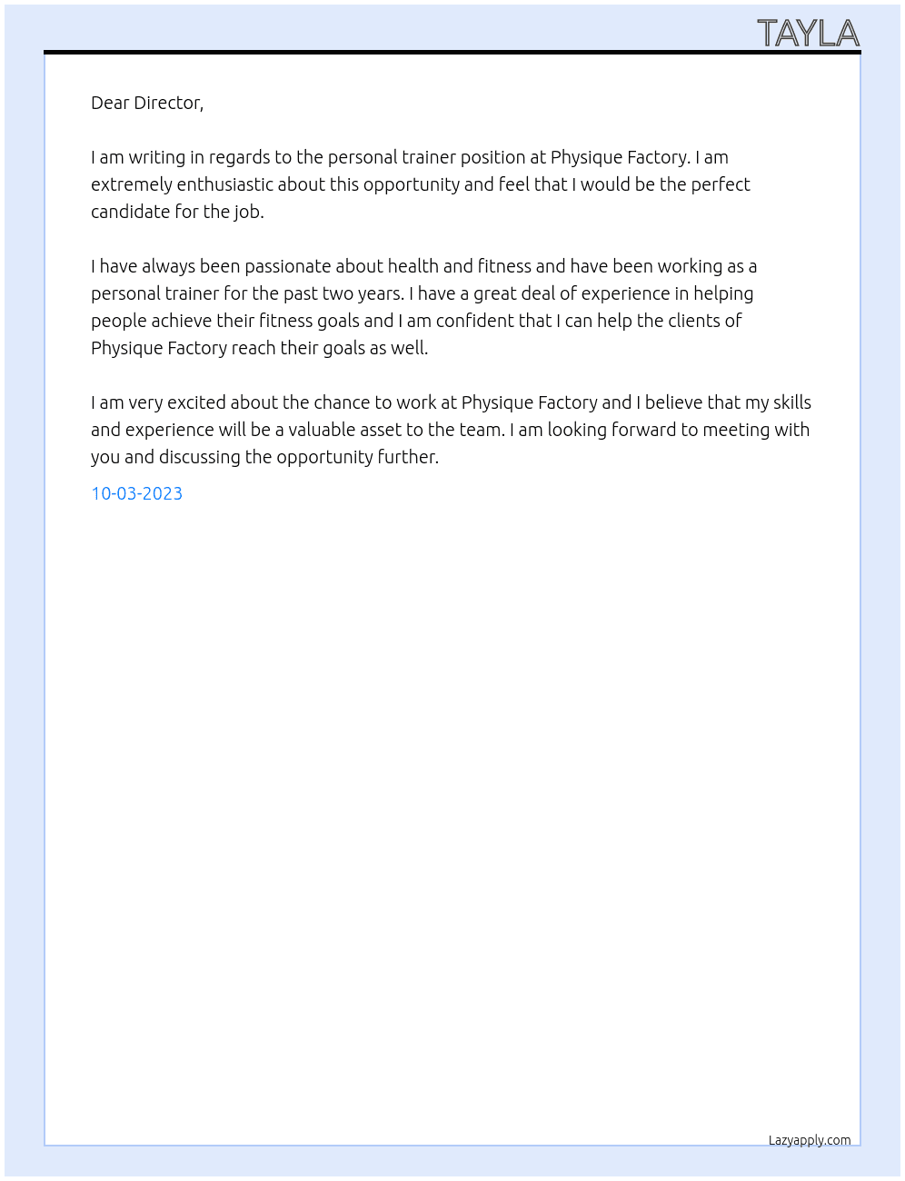 personal trainer At Physique Factory Cover Letter