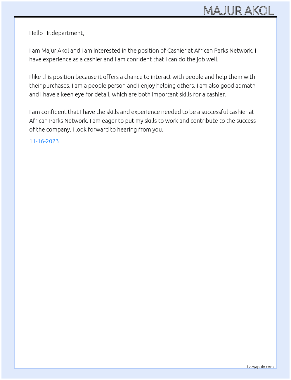 Cashier  At African Parks Network  Cover Letter