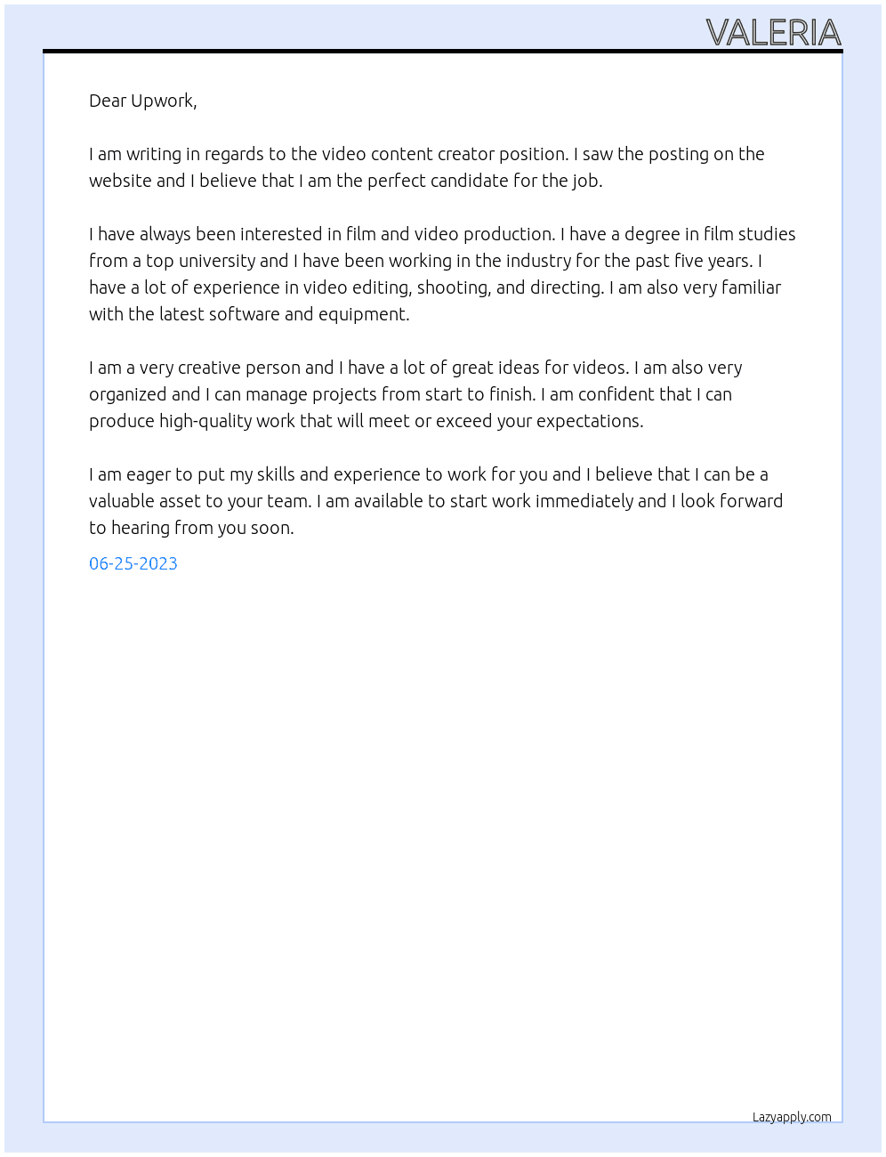 Video content creator At Upwork Cover Letter
