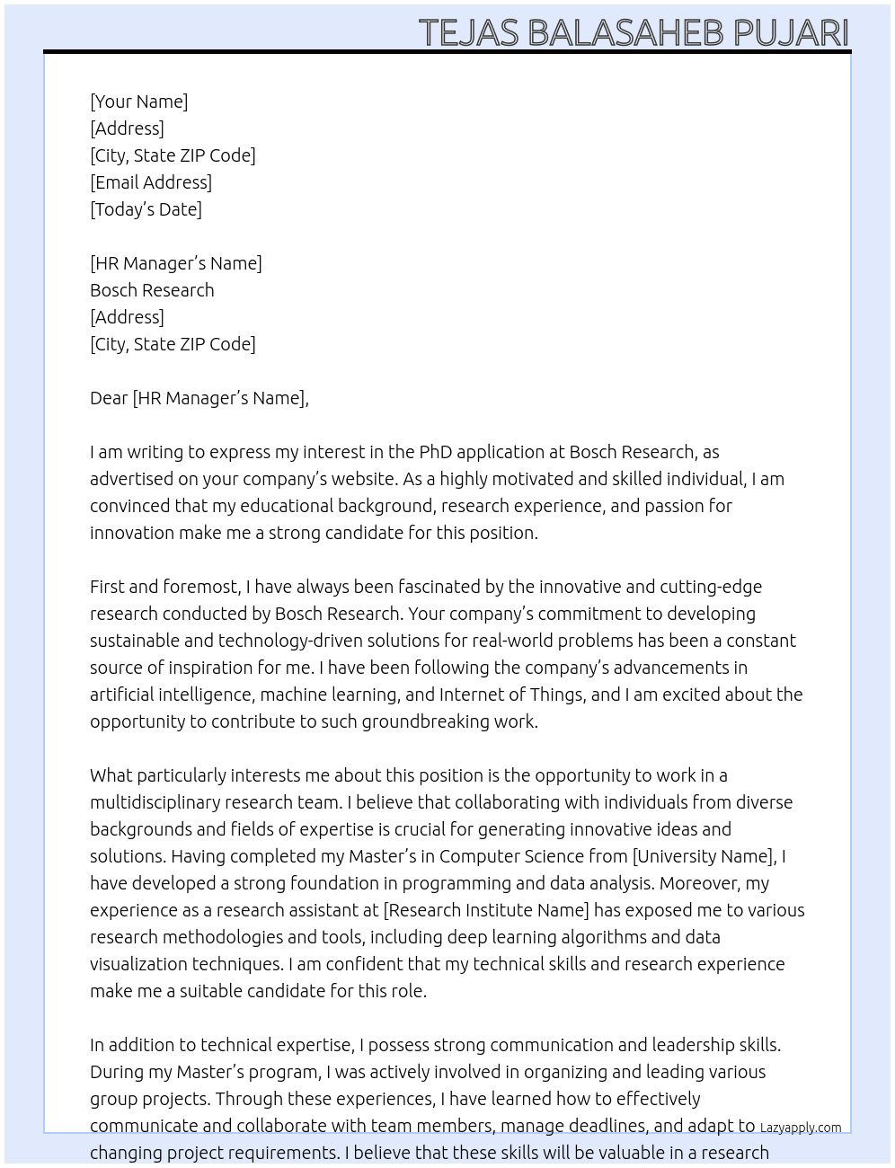 PhD application At Bosch Research Cover Letter
