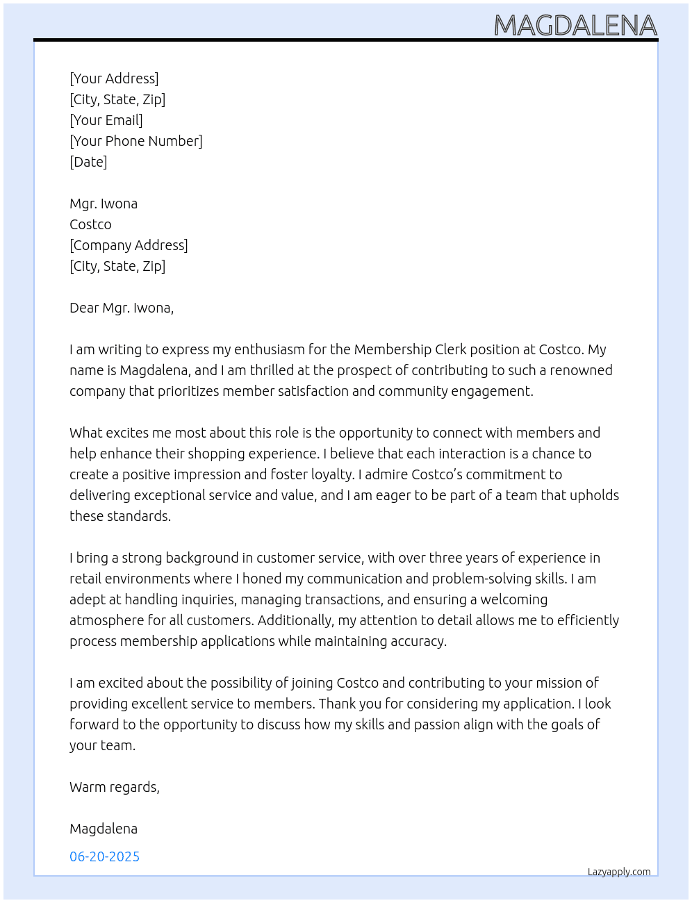 membership clerk At Costco Cover Letter