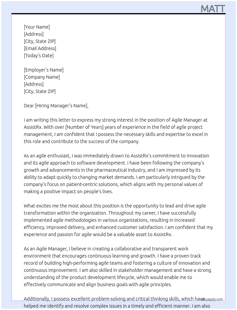 Agile Manager At AssistRx Cover Letter