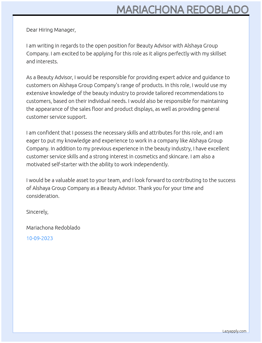 Beauty sdvisor At ALSHAYA GROUP COMPANY Cover Letter