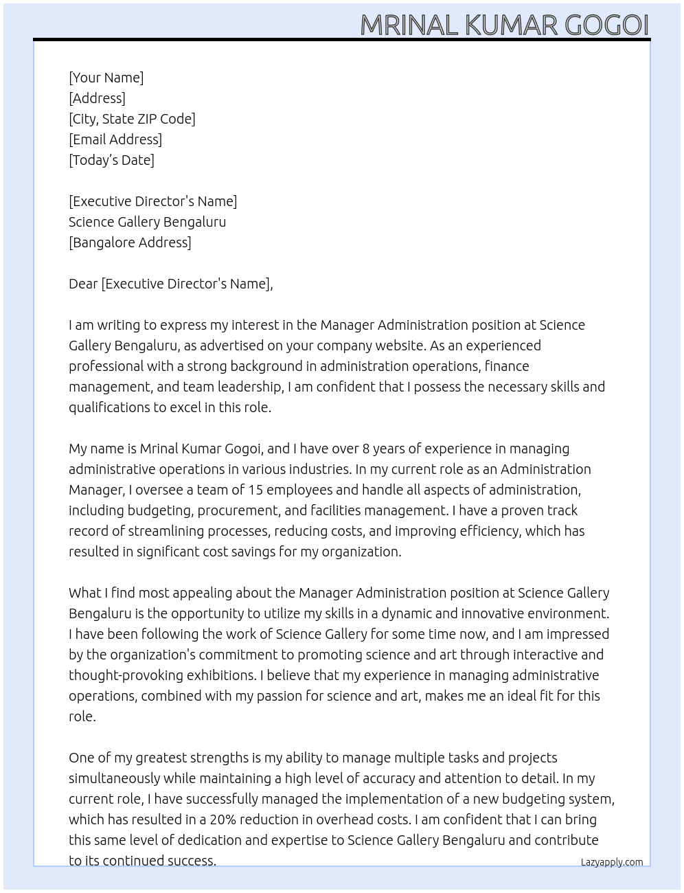 MANAGER ADMINISTRATION At Science Gallery Bengaluru Cover Letter