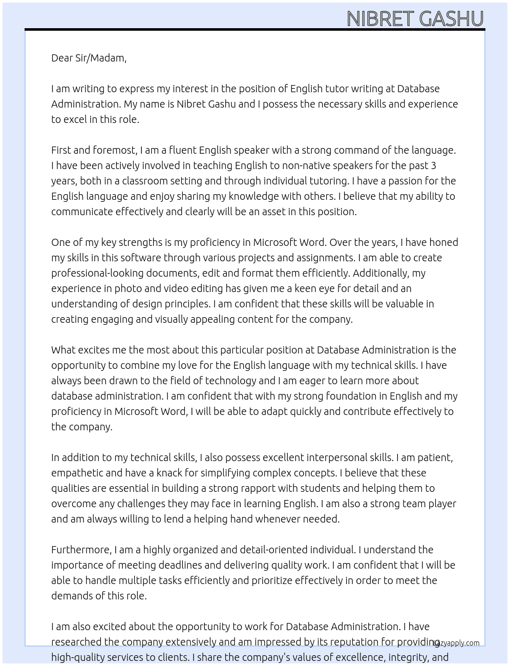 English tutor writing  At Database adminstration  Cover Letter
