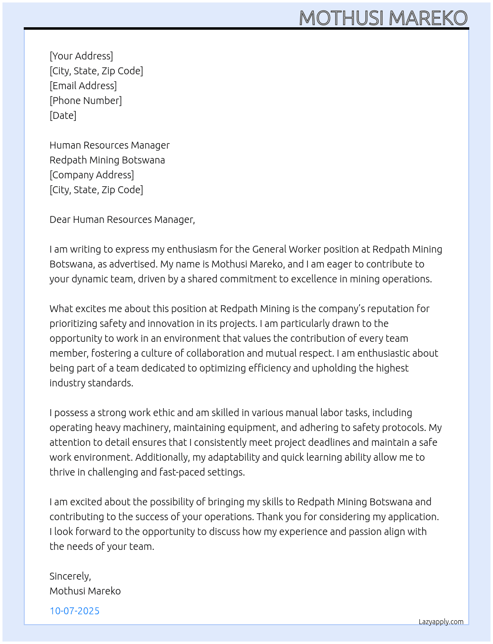 GENERAL WORKER At Redpath Mining Botswana Cover Letter