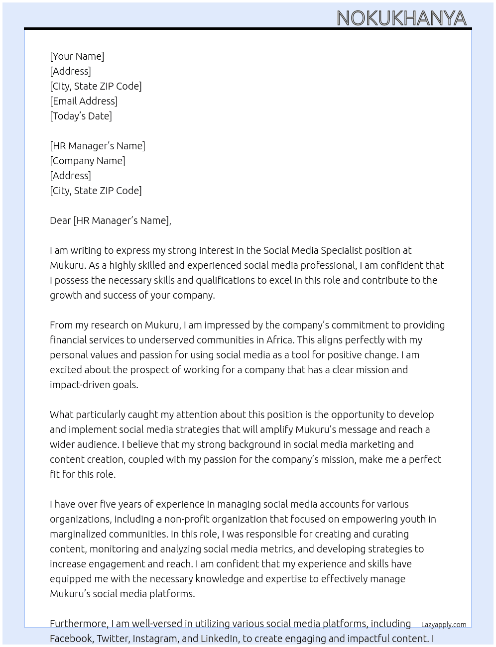 Social Media Specialist  At Mukuru Cover Letter
