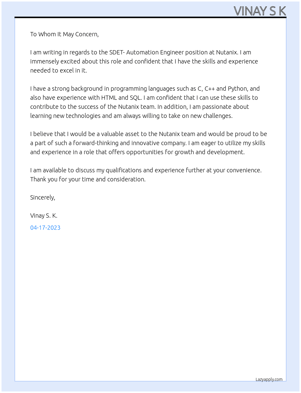 SDET- Automation Engineer At Nutanix Cover Letter