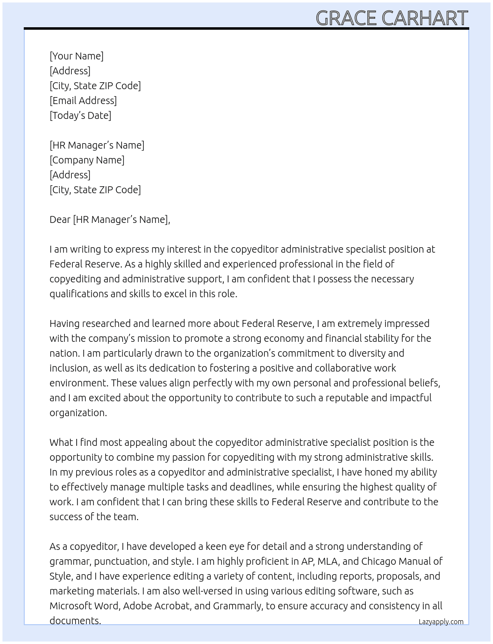 copyeditor administrative specialist At federal reserve Cover Letter
