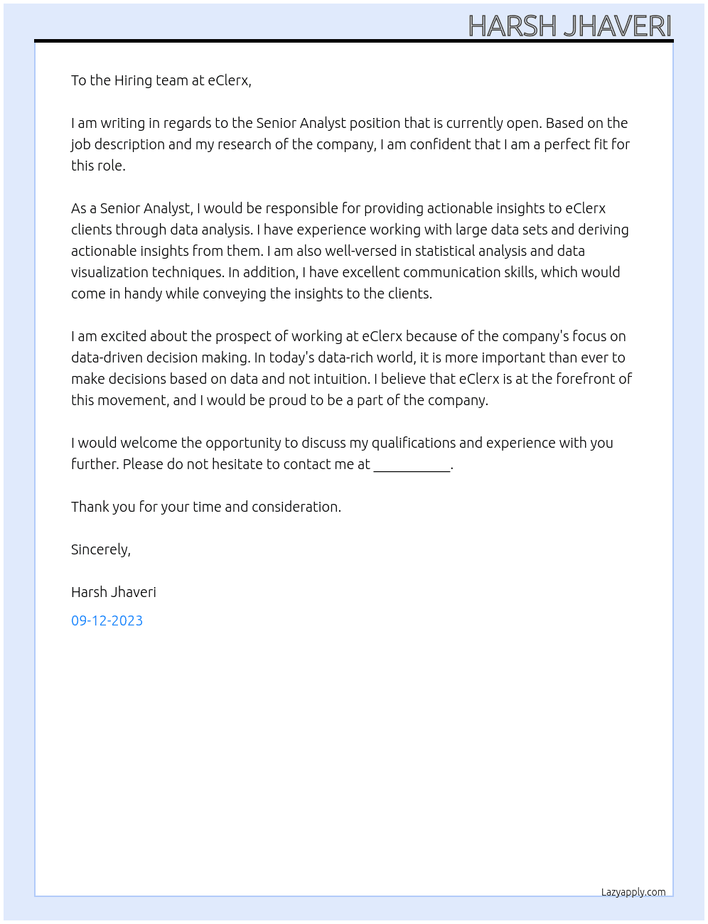 Senior analyst At eClerx Cover Letter