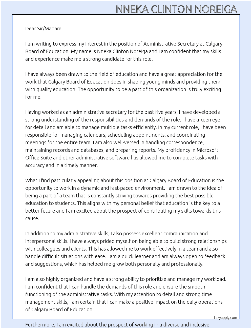 Administrative secretary  At Calgary Board of Education  Cover Letter