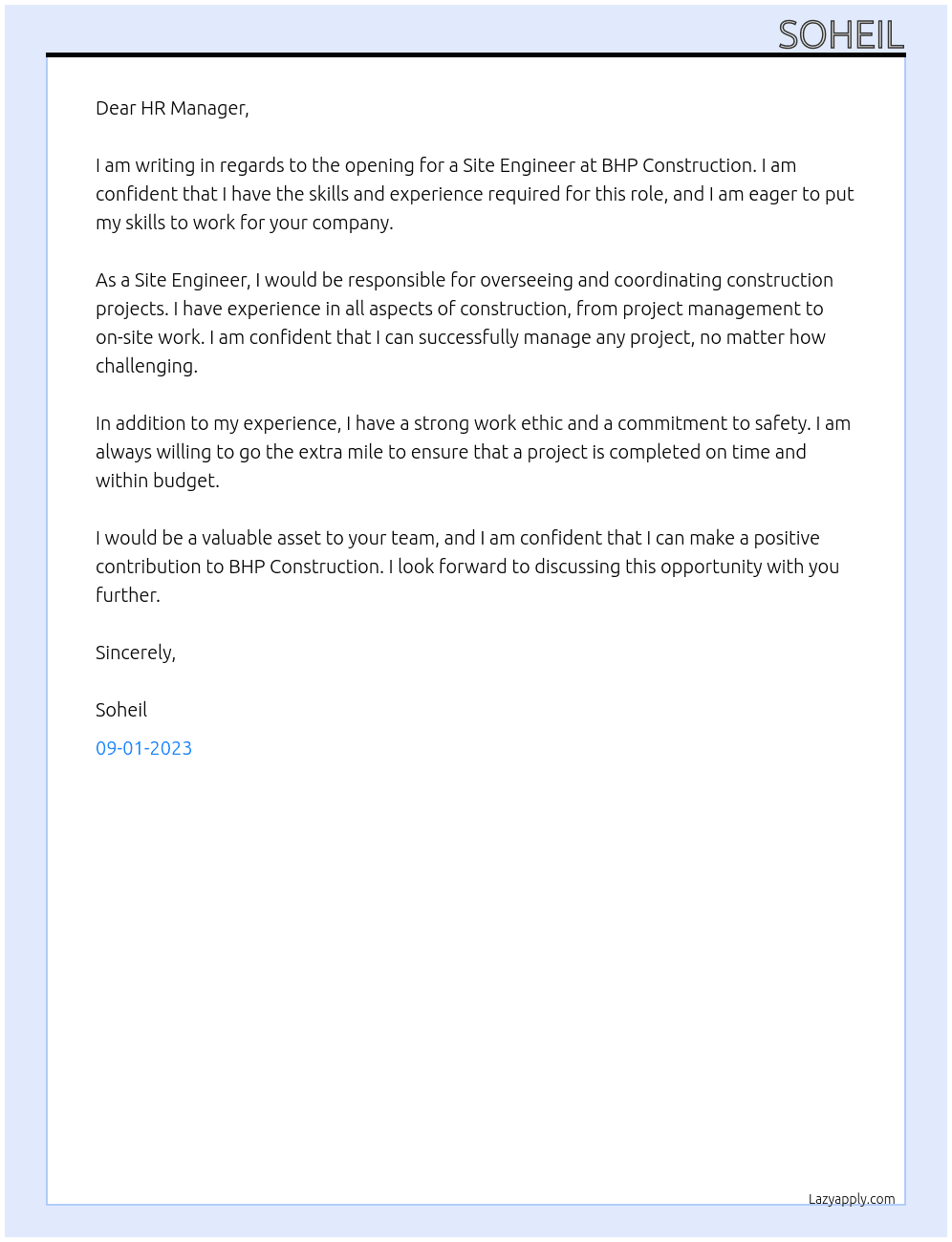 site engineer At bhp construction Cover Letter