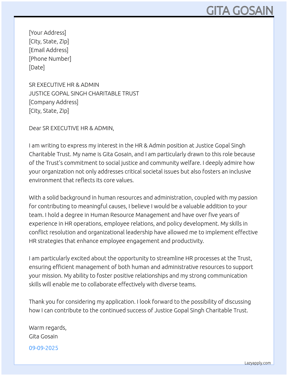 HR & ADMIN At JUSTICE GOPAL SINGH CHARITABLE TRUST Cover Letter