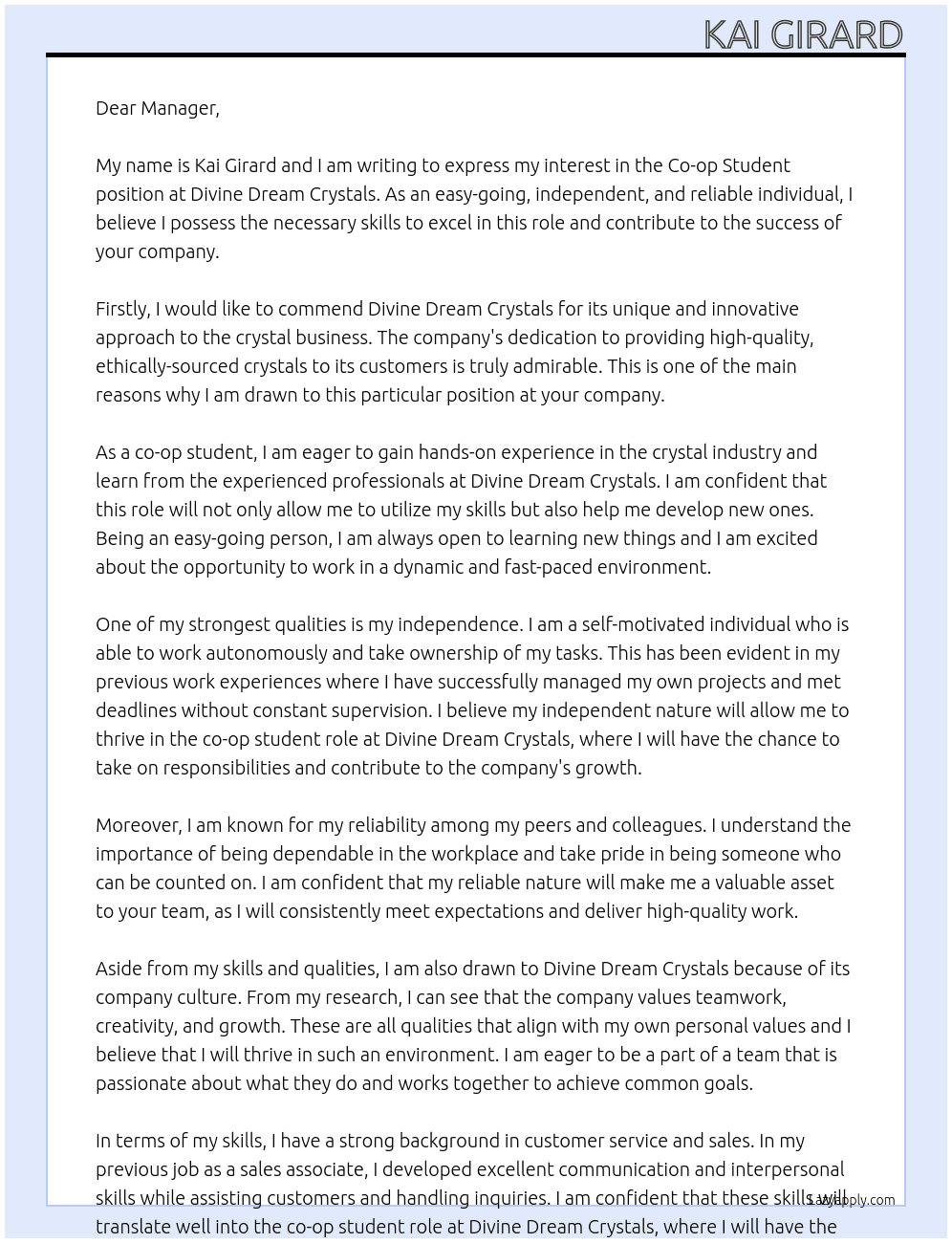 Co-op student at a shop At Divine Dream Crystals Cover Letter