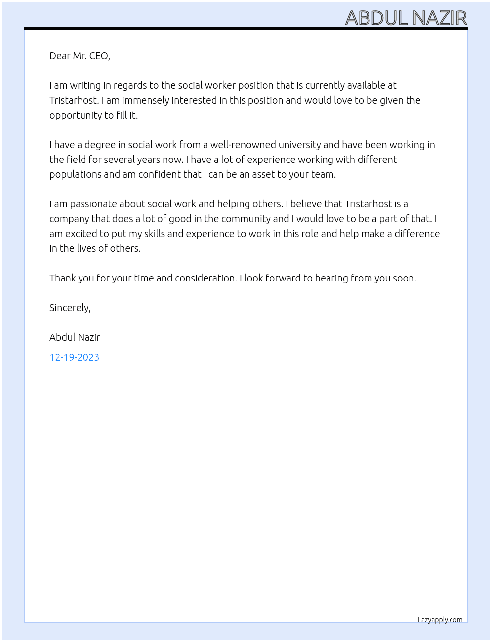 Social Worker At Tristarhost Cover Letter