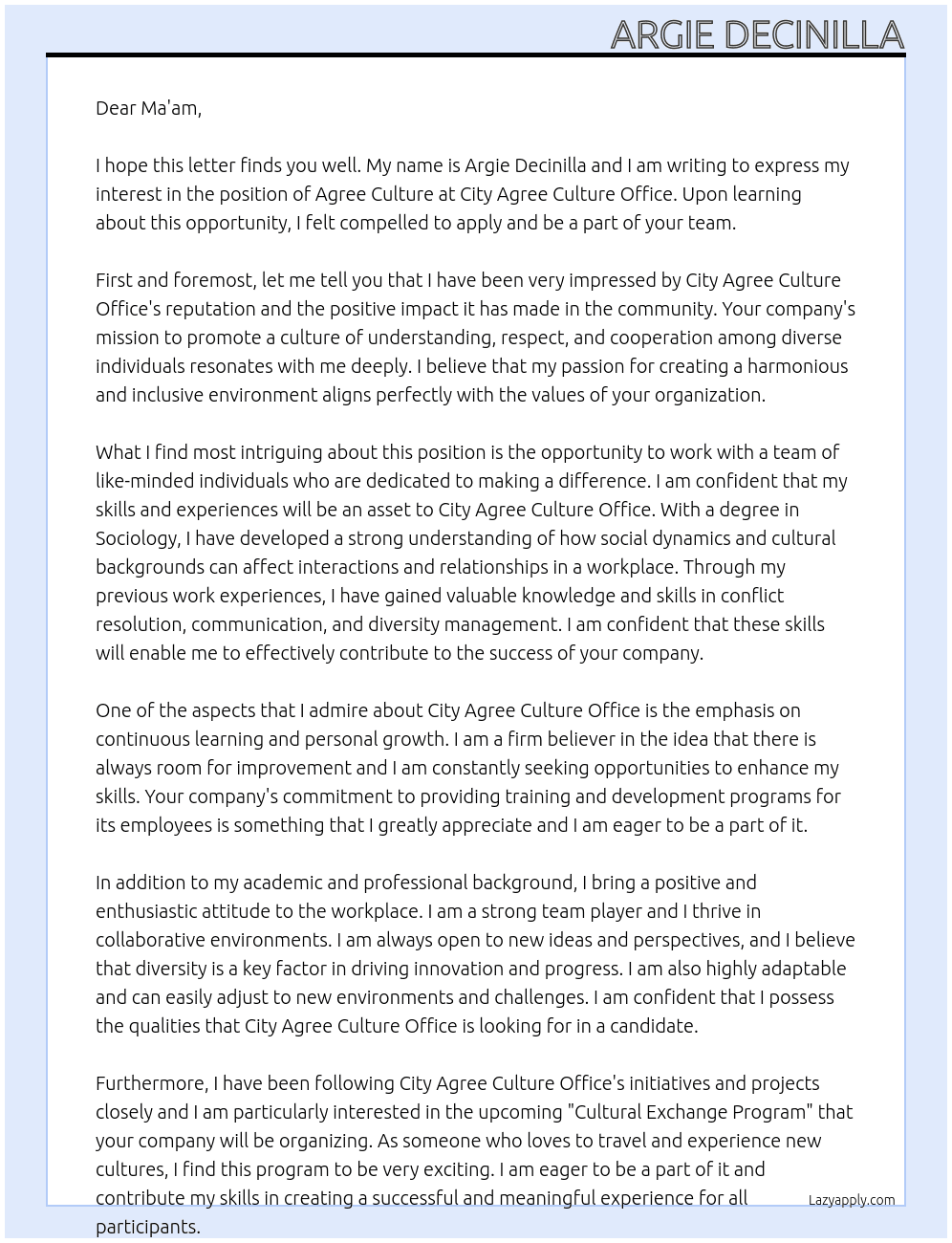Agree culture At City agree Cuture Office Cover Letter
