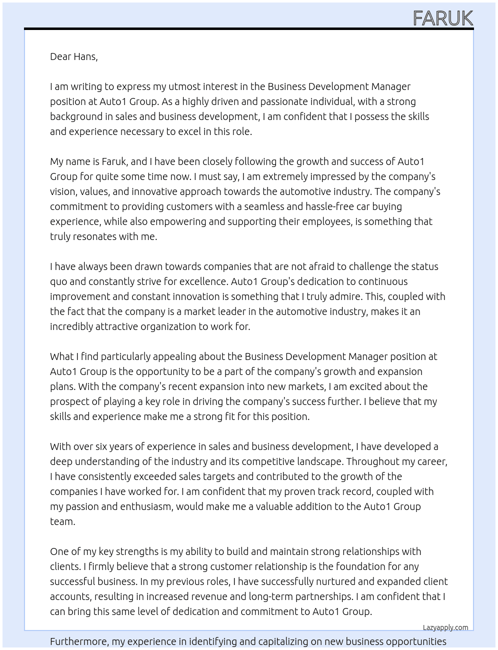 Business Development Manager At Auto1 Group Cover Letter