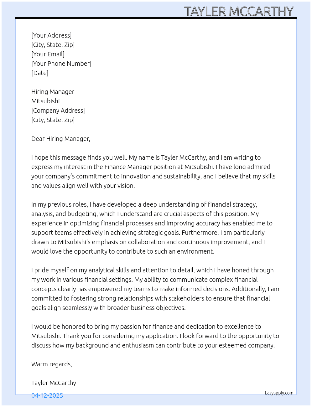 Finance Manager At Mitsubishi Cover Letter