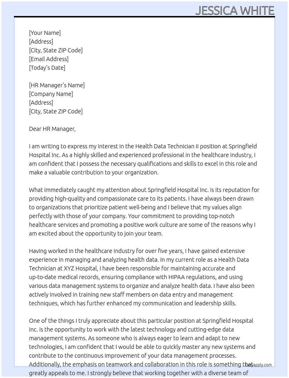 Health Data Technician II At Springfield hospital inc.  Cover Letter
