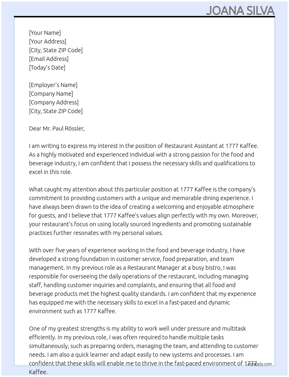 Restaurant Assistant At  1777 Kaffee Cover Letter