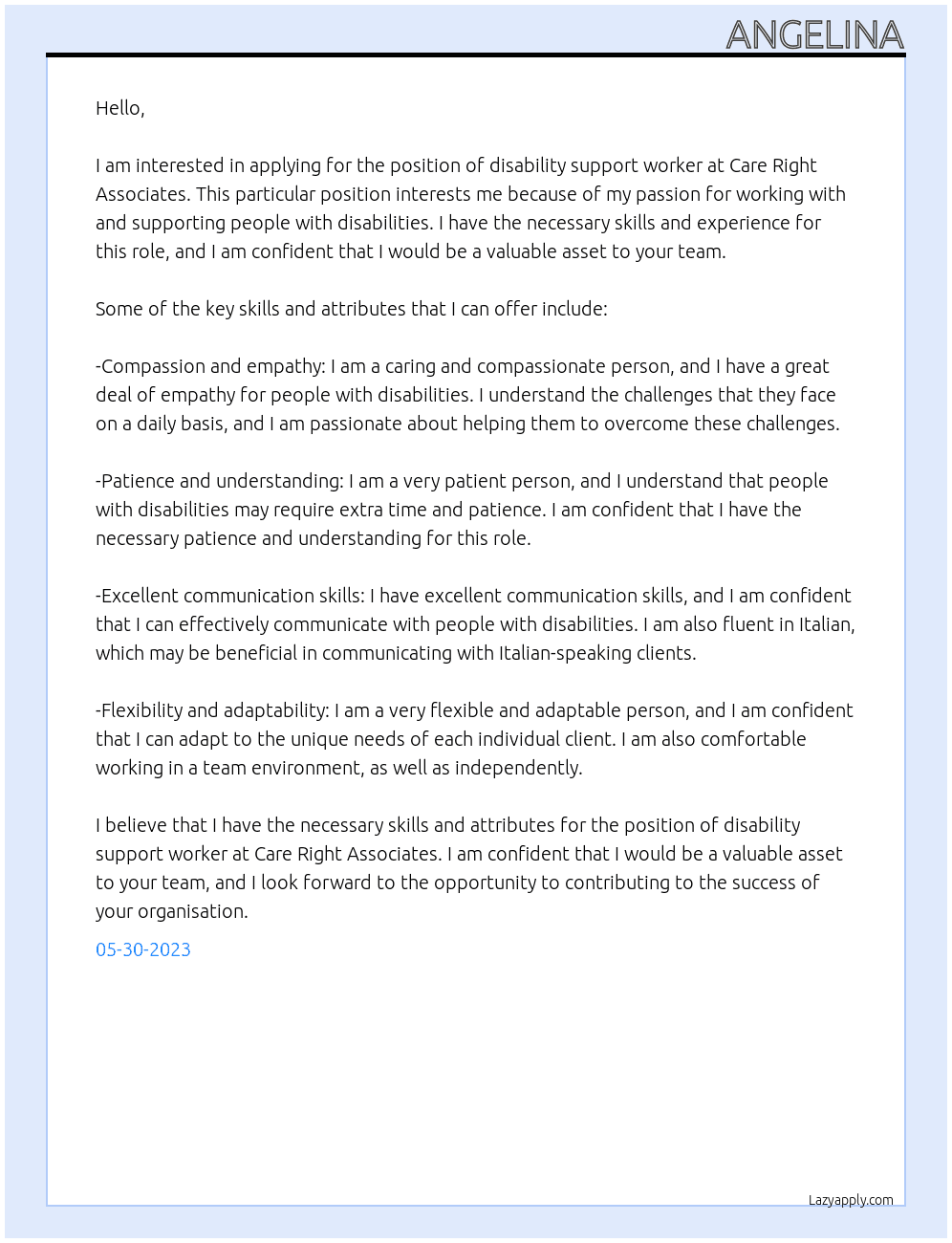 disability support worker At care right associates  Cover Letter