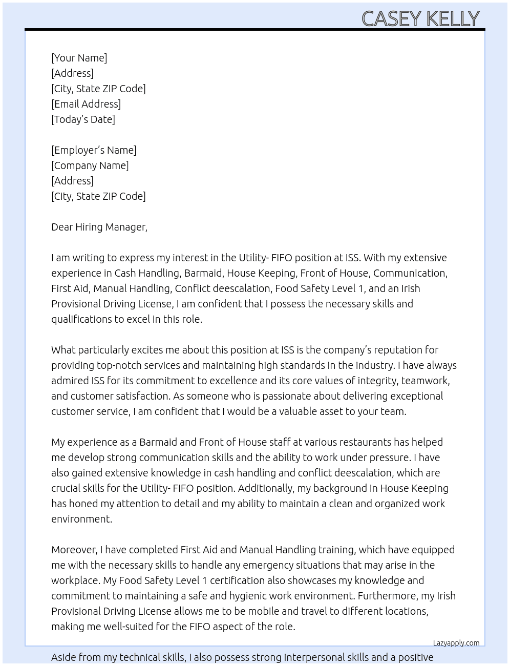 Utility- FIFO At ISS Cover Letter