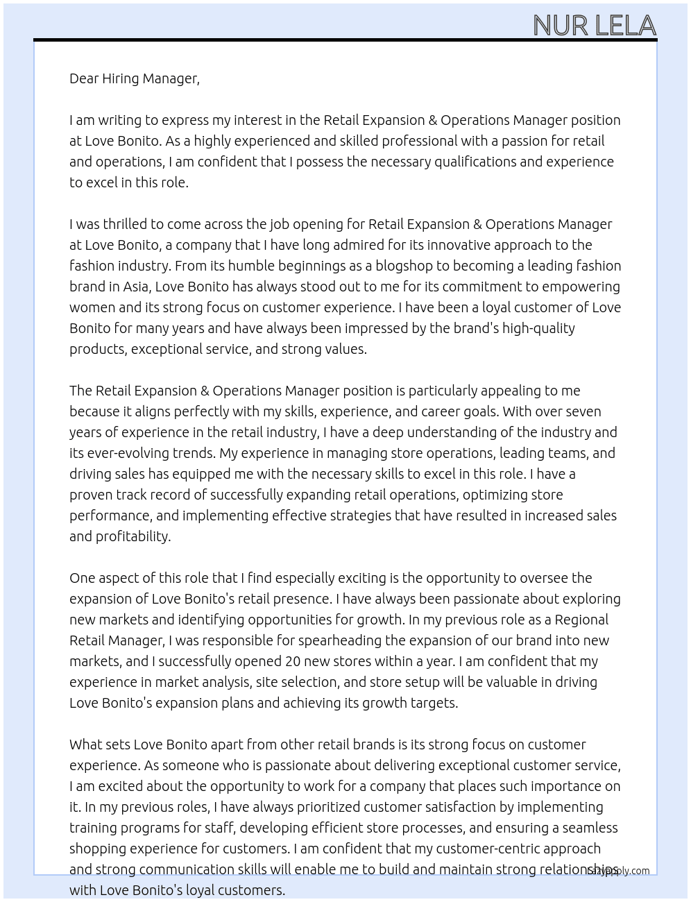 Retail Expansion & Operations Manager At Love Bonito Cover Letter