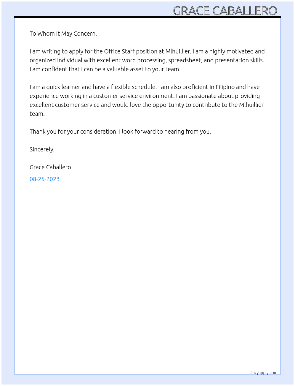 Office Staff  At Mlhuillier  Cover Letter