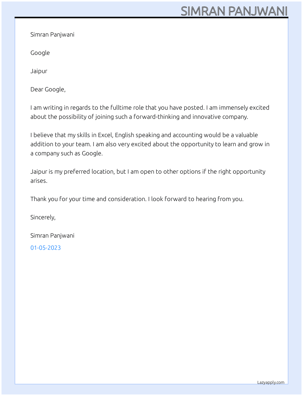 Cover letter for simran panjwani - LazyApply