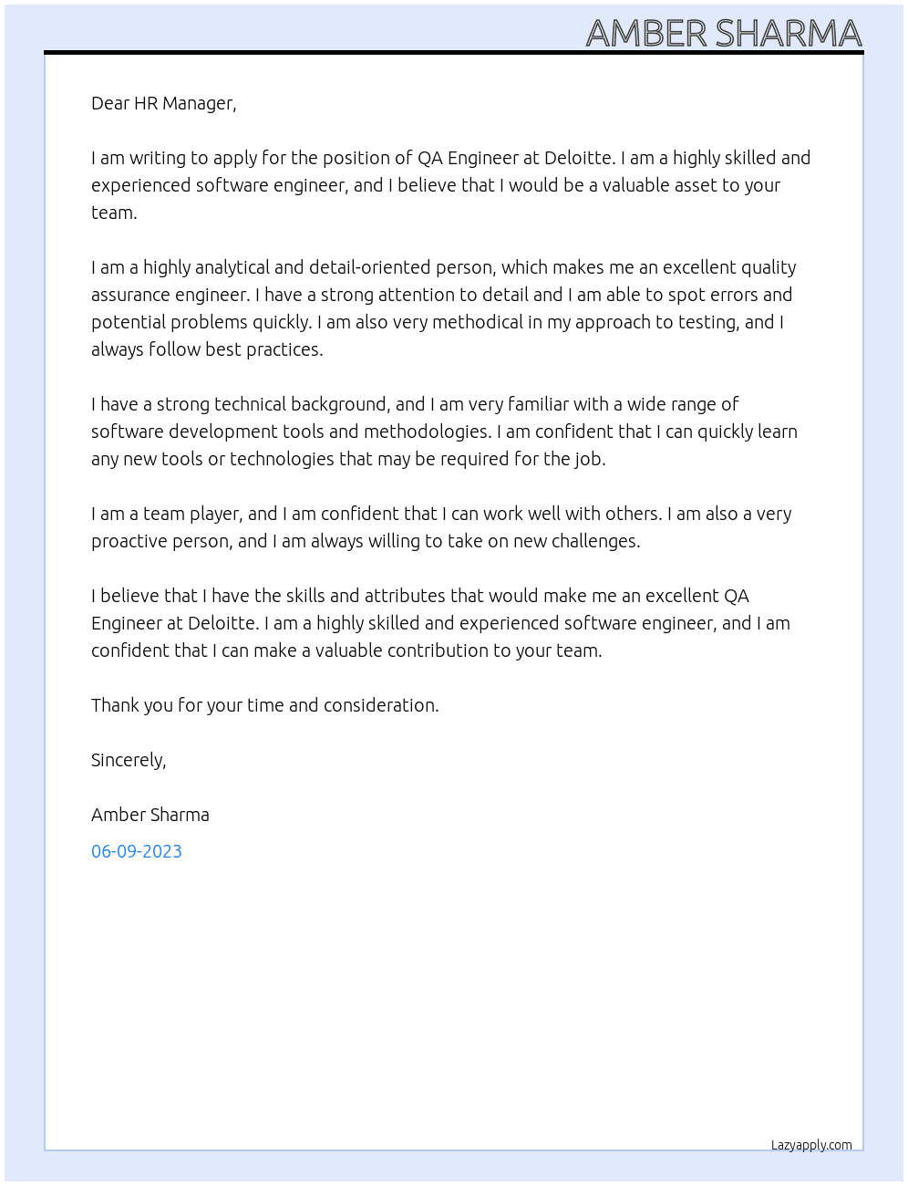 QA Engineer At Deloitte Cover Letter
