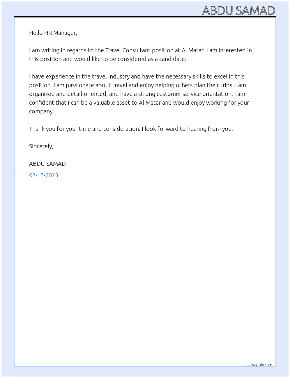 Travel Consultant At Al Matar Cover Letter