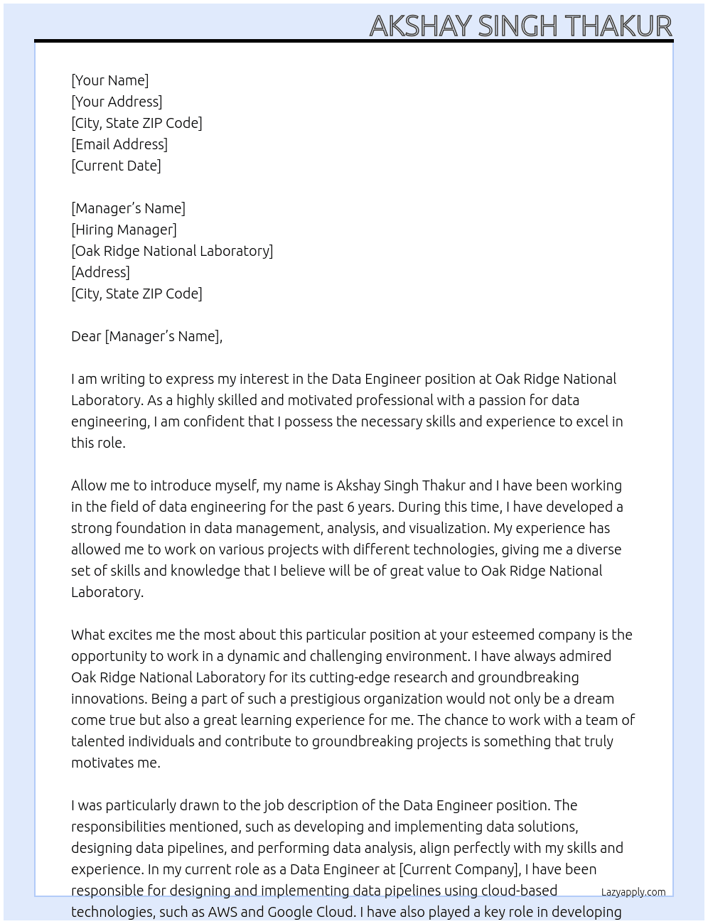 Data Engineer At Oak Ridge National Laboratory  Cover Letter