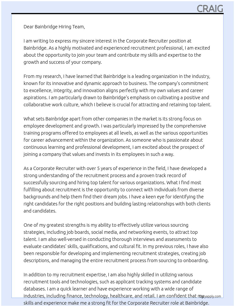 Corporate Recruiter At Bainbridge Cover Letter