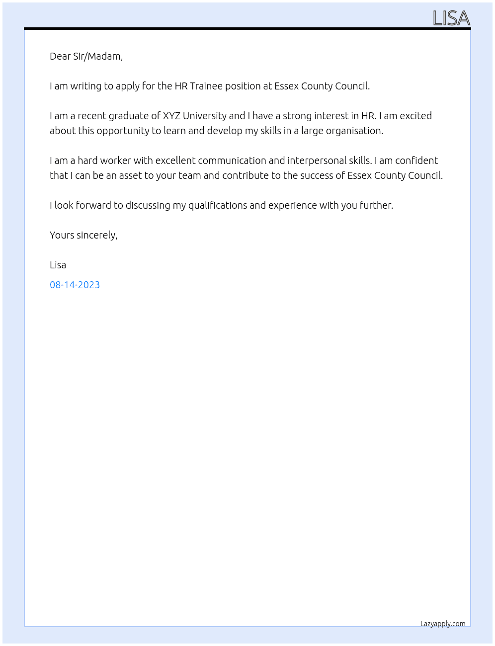 HR Trainee  At Essex County Council  Cover Letter